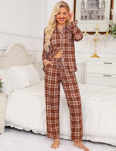 Image of SWOMOG Womens Pajamas Set Long Sleeve Sleepwear Button Down Nightwear Soft Cotton Pj Lounge Sets