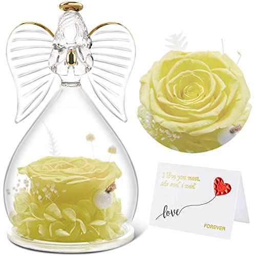 Yamonic Ewige Rose in Engelsfigur aus Glas in Glaskuppel,Geburtstagsgeschenk für Frauen, Geschenk für Mama,Geschenk Oma/Frauen/Freundin,Muttertag/Weihnachten/Valentinstag Geburtstag, Gelb Cover