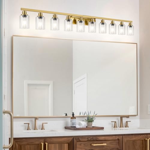 Image of Gold Bathroom Vanity Light,10-Light Brushed Gold Bathroom Light Fixtures with Clear Glass,64.5in Wall Lamp Sconces for Mirror Bedroom,Living Room Hallway,E26