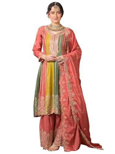 Image of INDA ERA Women's Multi Silk Blend Embroidered A-Line Kurta & Palazzo with Dupatta Set (KH9ML6654)