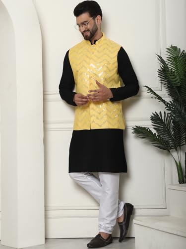 Image of SOJANYA (Since 1958 Men's Pure Cotton Kurta and White Pyjama with Sequins Nehru Jacket