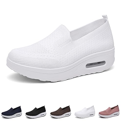 Fitsshoes Women Orthopedic Sneakers, Air Cushion Arch Support Slip-On Thick Sole Loafer (White, 7)