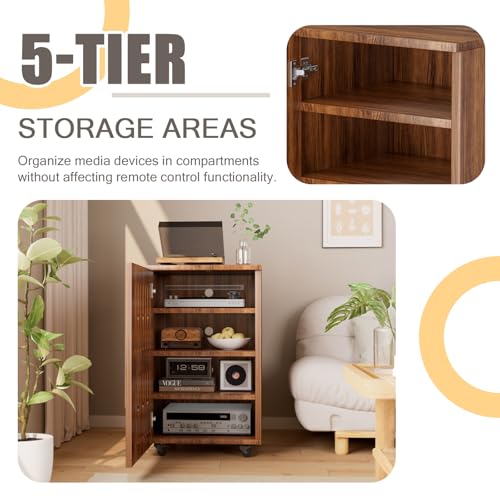 5-Tier-Stereo-Components-Cabinet-Wooden-Audio-Equipment-Cabinet-with-Grille-Door-Closed-Entertainment-Stand-with-Adjustable-Shelves-AV-Media-Vintage-Rack-On-Wheels-for-Living-Gaming-Room-Walnut