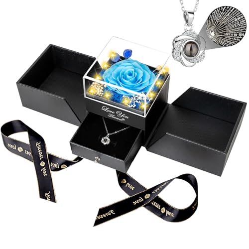 ENERLEAF Preserved Blue Real Rose-Eternal Flowers Rose Gifts for Mom Grandma Wife Girlfriend on Mothers Day Birthday Valentines Christmas Anniversary Romantic Gifts for Her with I Love You Necklace