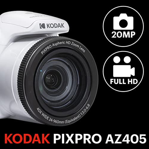 KODAK-PIXPRO-AZ405-WH-20MP-Digital-Camera-40X-Optical-Zoom-24mm-Wide-Angle-Lens-Optical-Image-Stabilization-1080P-Full-HD-Video-3-LCD-Vlogging-Camera-White