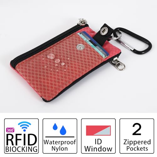 Image of MASAPHlL Small Lanyard Wallet for Women /Men with RFID Blocking ID Badge Holder, Minimalist Nylon Zipper Pouch, Travel Neck Wallet with Keychain, ID Window for Card,Coin,Cash (Deep red+Rose)