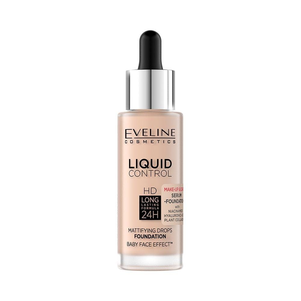 Eveline Cosmetics Liquid Control HD Liquid Control Foundation with Niacinamide - 02 Soft Porcelain - 24-Hour Hydration & Coverage