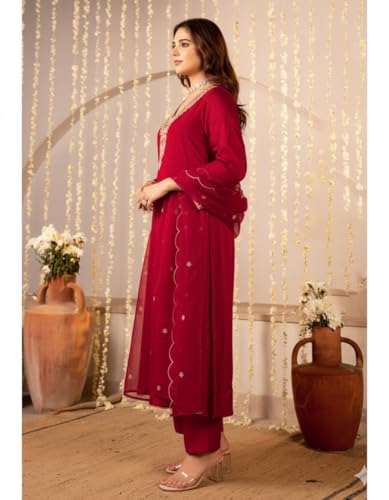 Image of Nermosa Women Embroidery Solid Anarkali Kurta and Pant Set with Dupattas