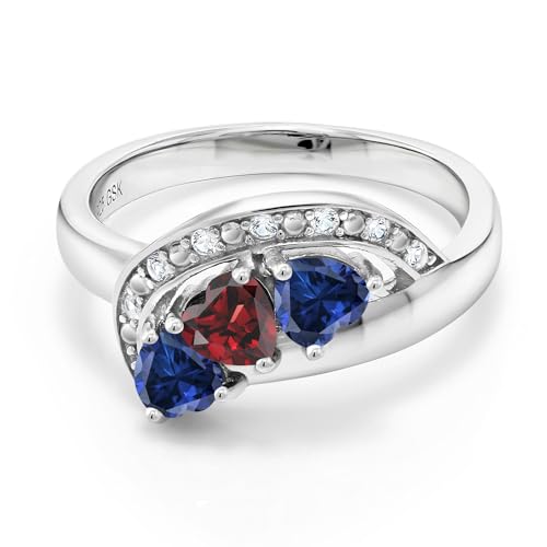 Gem Stone King 925 Sterling Silver Red Garnet and Blue Created Sapphire Engagement Ring For Women (1.39 Cttw, Heart Shape 4MM, Available in Size 5,6,7,8,9)2