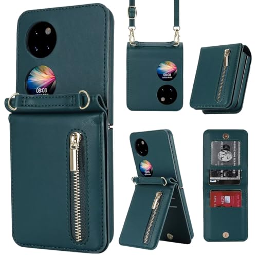 Coque Huawei Pocket 2 en cuir vert foncé avec porte-cartes et sangle