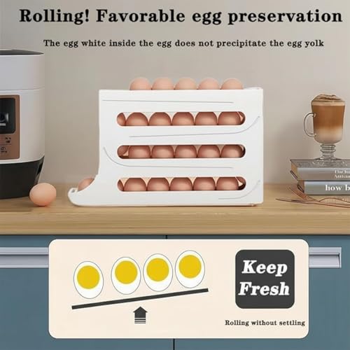 Image of Accohom 30 Eggs Tray Storage Box Baskets Holder Dispenser Refrigerator Space-Saving Stackable Plastic Automatic Roller Organizer Storage Containers for Kitchen Tools Items (Pack of 1)