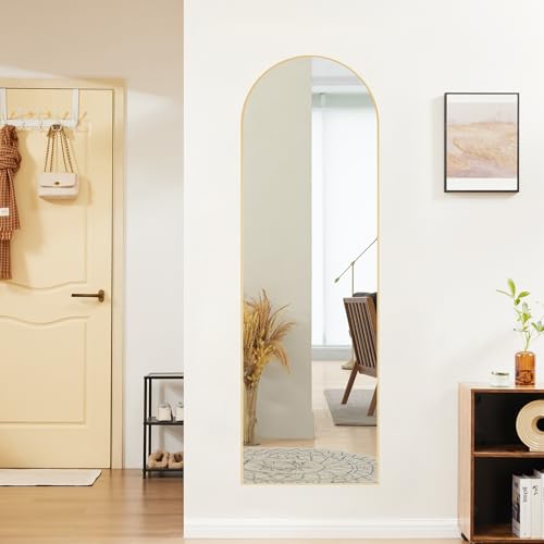 Sweetcrispy 59"x16" Arched Full Length Mirror, Standing or Leaning Full Body Mirror with Aluminum Alloy Thin Frame, Suitable for Bedroom or Cloakroom,Gold