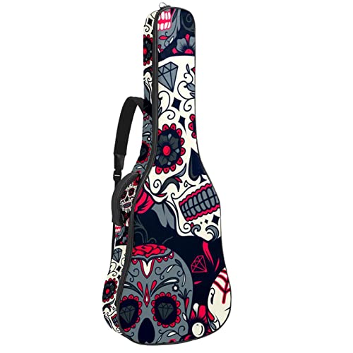 Housse de guitare colorée en tissu Oxford imperméable avec motif de crâne et fleurs avec bandoulière réglable - Les Beatles, Paul McCartney, John Lennon, RIngo Starr, George Harrison Housse de guitare colorée en tissu Oxford imperméable avec motif de crâne et fleurs avec bandoulière réglable