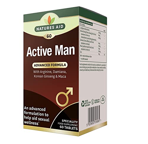 Natures Aid Active Man Tablets - High Strength Supplement with Zinc Maca Ginseng and Damiana - Supports Men’s Health Energy Vitality Immunity and Performance - Vegan Gluten Free Non-GMO - 60 Tablets