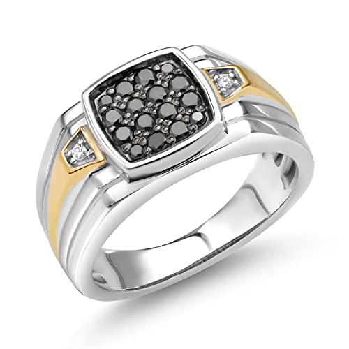 Gem Stone King Men's 925 Sterling Silver and 10K Yellow Gold Black and White Diamond Ring (0.22 Cttw, Available In Size 7, 8, 9, 10, 11, 12, 13)