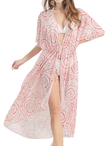 SPFASZEIV Strand Kimono Lang Strandkleid Damen Sommer Cover Up Vorne Offen Bikini überwurf mit Kordelzug Orange Tupfen Klein