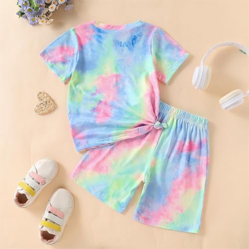 Image of Kids Girl Clothes Tie Dye Heart Print Short Sleeve Top and Shorts Toddler Girl Summer Outfits Short Set