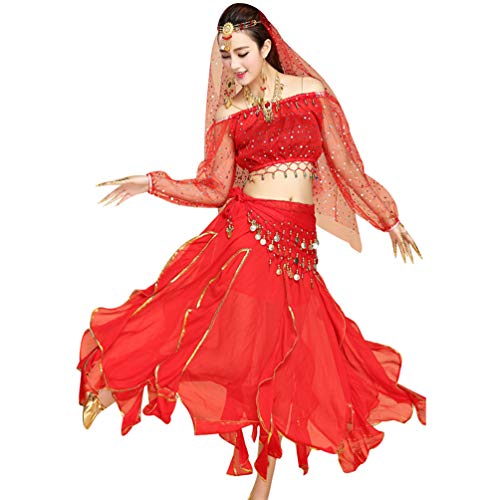 TianBin Femme Indienne Belly Danse Costumes Manches Longues Top Jupe à Volants Performance Ensemble (Rouge#2, Taille Unique)