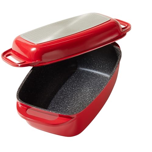 STONELINE Casseruola 40x22 cm, Rostiera con Coperchio in Alluminio Pressofuso a Induzione, Coperchio utilizzabile come Stampo, Rivestimento Antiaderente con Vere Particelle di Pietra, Colore: rosso