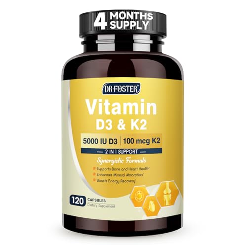 DRFOSTER Vitamin D3 K2 – High-Potency 125mcg D3 (5000IU) & 100mcg K2 (MK7) – Bone Strength, Heart & Immune Support – Enhanced with Zinc, Boron & MCT – 120 Capsules, Non-GMO, Gluten-Free