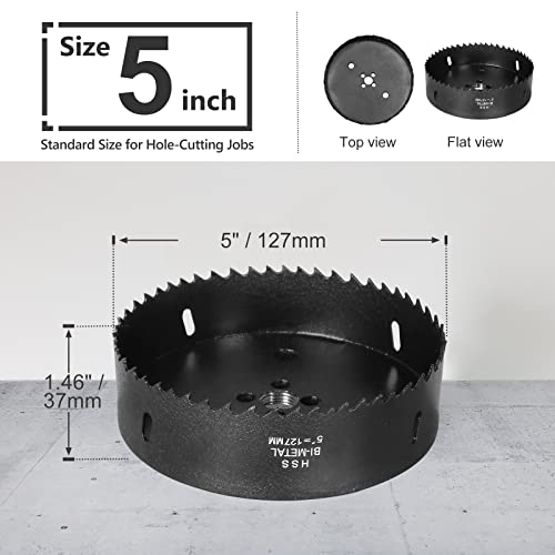 Image of 5 Inch Hole Saw with 1 /2 inch Hex Shank Quick Change Arbor, JTemgle Bi-Metal Hole Saw Heavy Duty Hole Cutting Tool for Cornhole Boards, Recessed Lights, Wood, Plastic, Drywall & Soft Metal