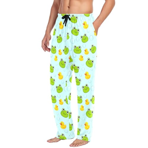 Men's Cute Cartoon Frog Pajama Pants with Pockets - Straight Fit Cotton Sleep Bottoms for Lounge & Nightwear#4674
