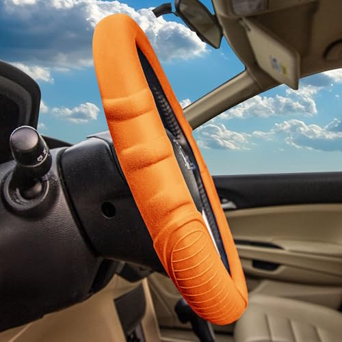 Image of FH Group Steering Wheel Cover (Silicone W. Grip & Pattern Massaging grip Orange Color-Fit Most Car Truck Suv or Van) Orange