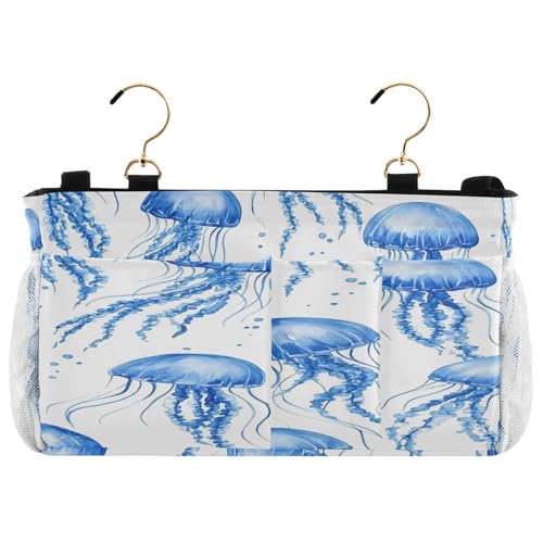 BOESI Watercolor Blue Jellyfish Bedside Storage Hanging Bag, Hanging Storage Basket, Suitable for Storing Cell Phones, Water Bottles, Books