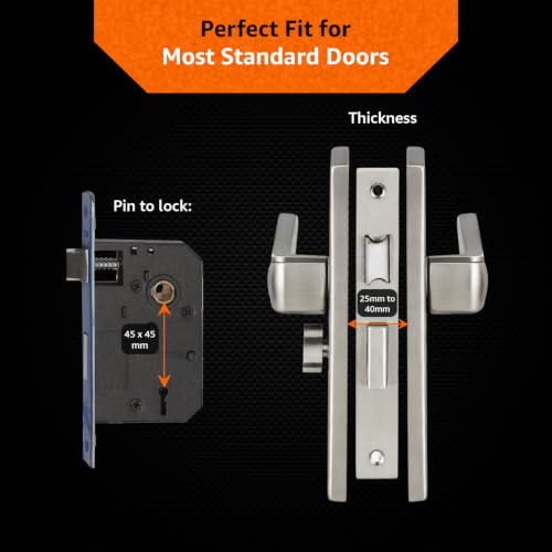 Image of Amazon Basics Mortise Door Lock Handle Set | BIS Certified Brass Lock Body | Auto-Retraction Mechanism | Suitable for Left & Right Handed Doors | Satin Steel Finish | Includes 3 Keys