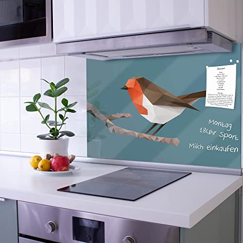 banjado Küchenrückwand Glas ohne Bohren 120x80cm – Glasrückwand Küche mit Motiv Vogel Poligon/Spritzschutz Küchenrückwand Glas/selbstklebende Küchenrückwand Platte - magnetisch & beschreibbar