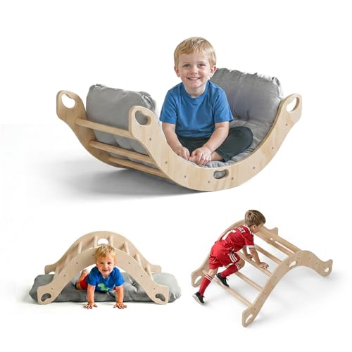 COSYLAND Montessori Kletterbogen mit Kissen Kletterbogen ab 1 Jahr Holzwippe für Kinder Motorik-Spielzentrum für Babys Indoor-Holzoptik