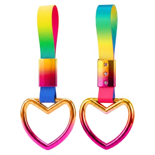 Image of 2PCS Heart Shaped Car Handle Straps, Rear Bumper Warning Keychain Ring for Car Exterior Accessories (Chrome Rainbow Heart - Rainbow)