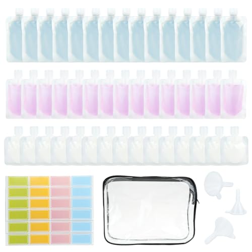 52Pcs Travel Pouches for Toiletries, TSA Approved Travel Fluid Squeeze Pouches, Travel Size Stand Up Pouch, Refillable Leakproof Travel Containers for Shampoo Conditioner Lotion Soap Liquids