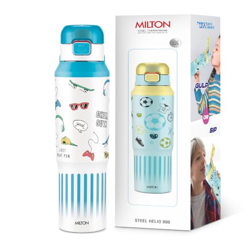 Image of Milton Steel Helio 900 Thermoware Water Bottle 600 ml with One Touch Safety Lock & Twin Lid Sip or Gulp, Long Hours Hot & Cold, Leak Proof, ISI Certified, PU Insulated, for Kids, School, Sky Blue