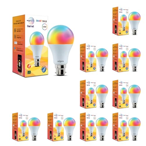 Image of wipro 14 Watt B22 WiFi Smart LED Bulb with Music Sync | 16M Colours & Shades of White | App Control | Compatible with Amazon Alexa and Google Assistant | Ideal for Living Room & Bedroom | Pack of 10
