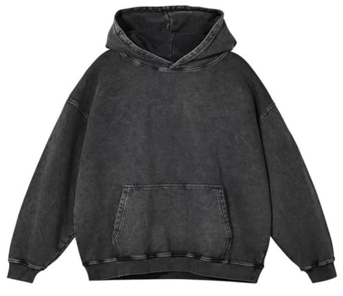 Mi Bo Tong Mens Oversized Hoodies Vintage Acid Wash Pull Up Black Hoodies Heavy Cotton Vintage Aged Sweatshirt Casual