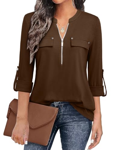 Image of Bulotus 3 /4 Length Sleeve Womens Striped Tops Zipper V Neck Collared Blouses Business Casual Tunics 2026 Spring Trendy