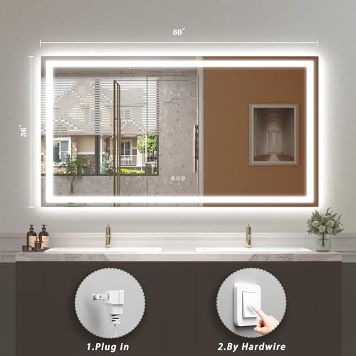 Image of Led Bathroom Mirror 60x36, Large Illuminated Dimmable Vanity Mirror with Lights, Backlit and Front Lighted Makeup Mirror for Wall, Anti-Fog, Shatter-Proof, ETL Listed (Horizontal /Vertical)