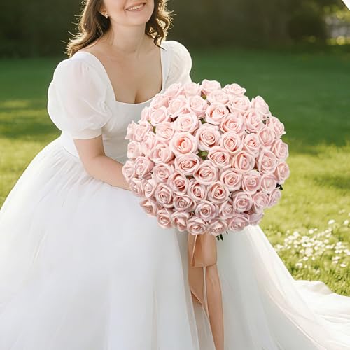 Image of 50 PCS Blush Roses Artificial Flowers, Real Looking Fake Roses with Long Stems Silk Flowers for DIY Wedding Bouquet Party Celebration Home Bridal Shower Decoration Valentine's Day Gift for Her Wife