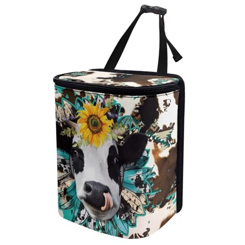 Image of Cow Print Car Trash Can Bin with Lid,Leak Proof Portable Small Garbage Bag Waste Rubbish Storage Bin for Back Seat Road Trip Travel,Aztec Cow Car Accessory for Women