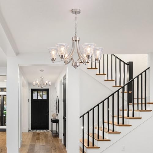 Image of Modern Brushed Nickel Farmhouse Chandelier 6 Light Silver Chandeliers for Dining Room Adjustable Height Hanging Light Fixture with Clear Glass Shade,Pendant Light Fixture for Living Room Hallway Foyer