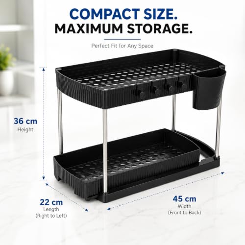 Image of JD Fresh Pack of 1 Under Sink Storage Organizer /Pull Out Cabinet Storage with Hooks & Hanging Cup /2 Tier Plastic Organiser Rack and Sliding Shelf Basket (Black)