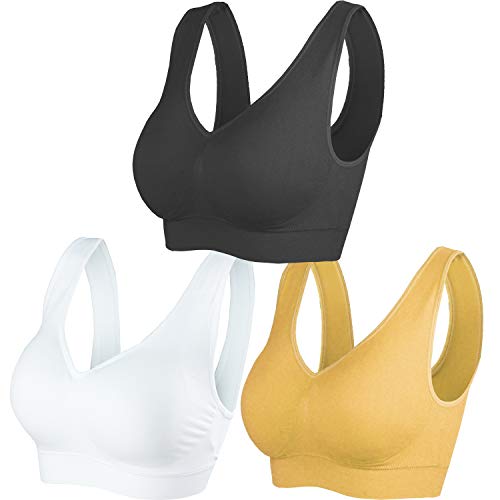 Cabales Sports Bras for Women,Seamless Comfortable Yoga Bra with Removable Pads 3 Pack,Black/White/Beige,Medium