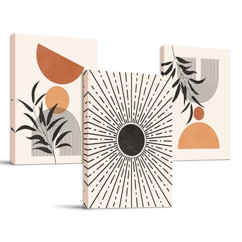 SERIMINO Boho Canvas Wall Art for Living Room, Geometric Lines Botanical Wall Art Bedroom Decor Aesthetic, Set of 3 Sun Minimalist Wall Decor for Office,20 x28 inch