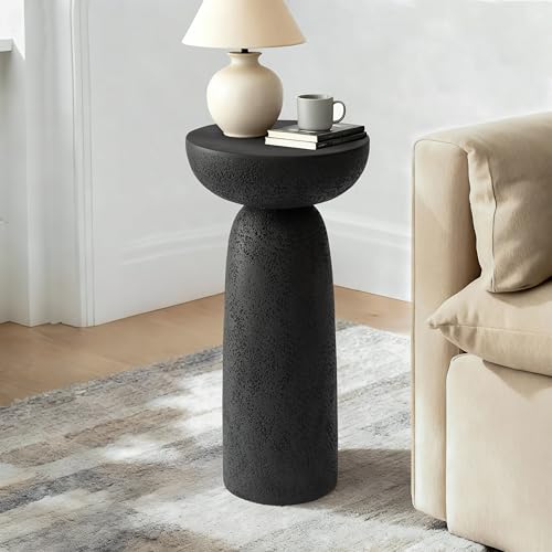 THKSHOUZ 24'' Tall Round Black Pedestal Side Table, Modern Hourglass End Table with Stone Texture, Minimalist Faux Concrete Accent Table for Living Room, Bedroom, or Patio