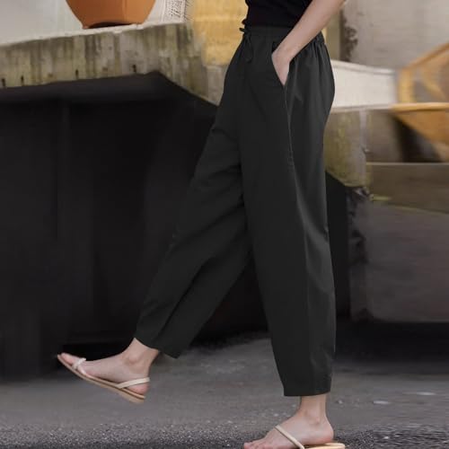 Linen Pants Women Summer High Elastic Waist Drawstring Palazzo Pants Straight Leg Slacks with Pockets3