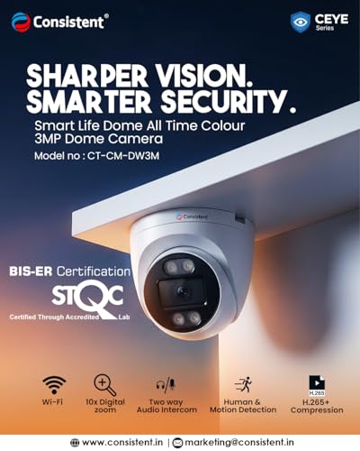 Image of Consistent 3MP Smart Wi-Fi Dome Indoor CCTV Camera | STQC Certified | Full Color Night Vision | Human Detection | 2-Way Audio | 10X Zoom | Memory Card up to 256GB & Cloud | Alexa Support