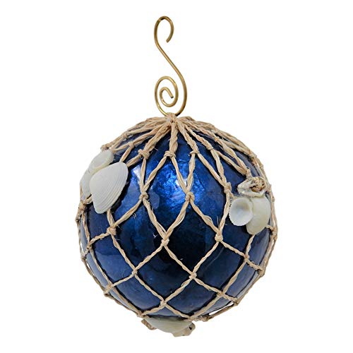 Beachcombers Coastal Life Decorative Nautical Beach Ornament with S-Hook (Navy Blue Capiz Ball with Shells & Abaca Net, B22125)