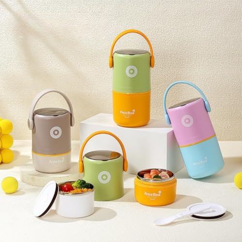 Image of YELONA 580ml Double Layer Lunch Pot for Kids & Adults | Stainless Steel 304 Bento Food Jar | Headphone Style Handle | Leak-Resistant, Two Compartment Tiffin Box (Oliver Amber)