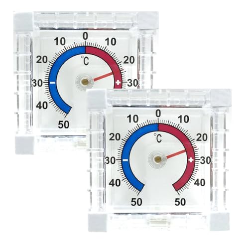 WeddHuis 2 unidades Termómetro de ventana autoadhesivo analógico, -50°C a +50°C Termómetro exterior ideal para ventanas y exteriores, termómetro para frigorífico (7,5 x 7,5 cm) (transparente)